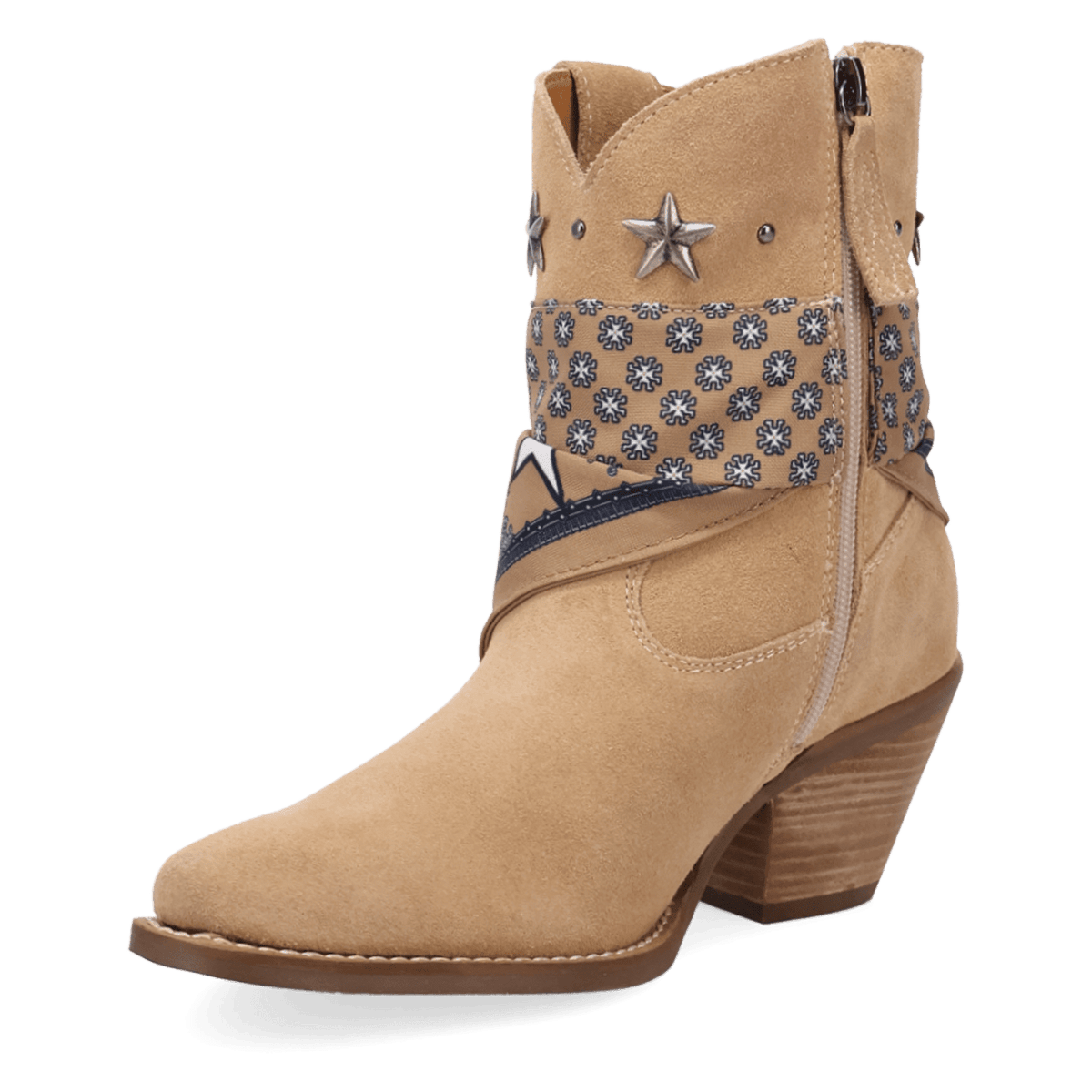 PRODUCT SHOT SUNDANCE SUEDE BOOTIE AT 225 DEGREE ANGLE