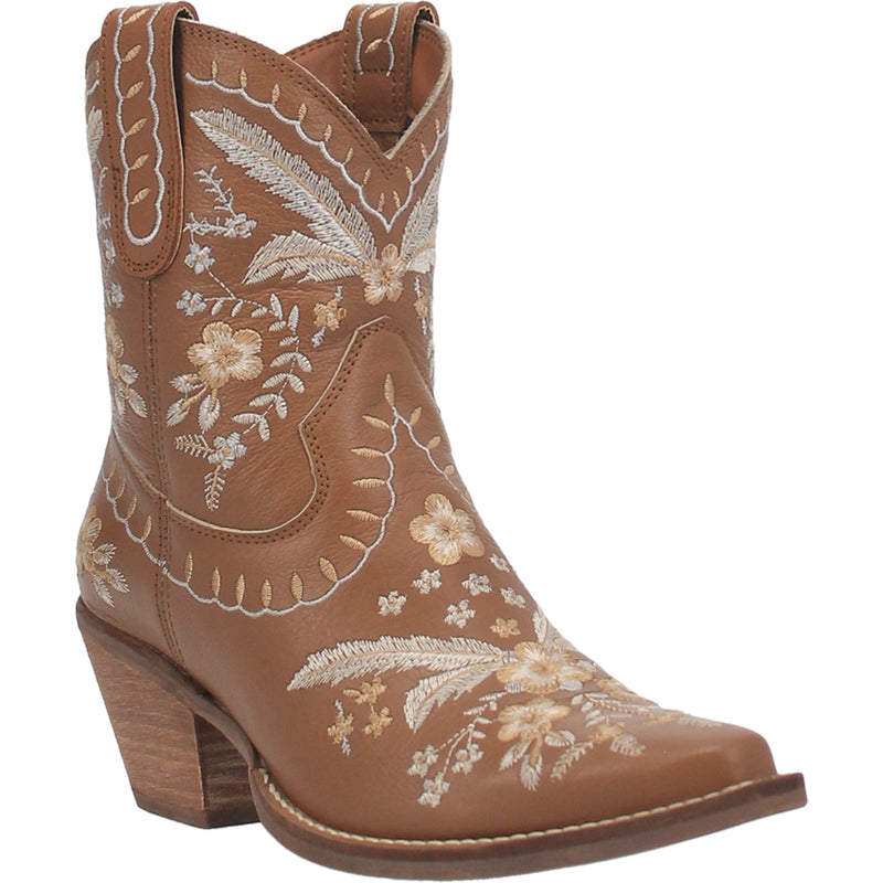 WOMEN'S WESTERN SQUARED FLOWER SHAFT TOE COWGIRL BOOTS SMOOTH LEATHER COLOR  TAN